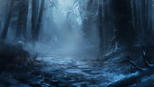 Winter Forest Stream With Mist And Coniferous Trees