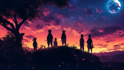 Silhouetted figures on ridge under twilight sky and moon.