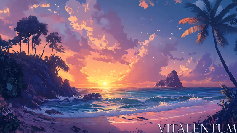 Tropical coastline sunset with vivid sky and calm surf.