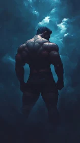 Powerful figure stands tall in stormy blue atmospheric light