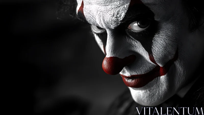 Eerie clown portrait gazes back with intense, shadowy charm
