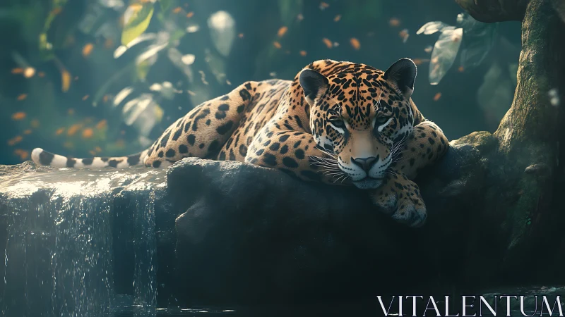 Spotted big cat rests on rock ledge beside small waterfall