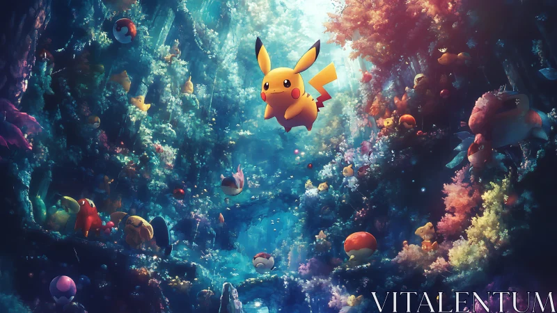 Pikachu floating in a glowing underwater style forest world.
