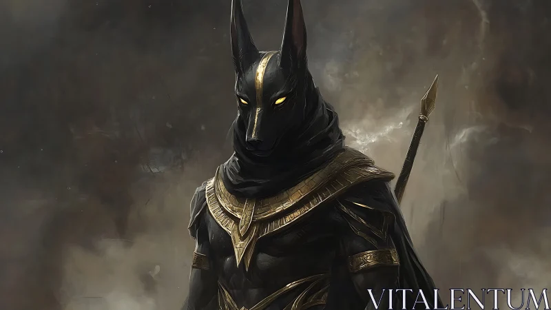 Mythic jackal-headed guardian in gilded battle regalia.