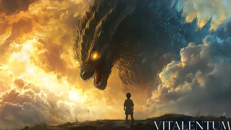 Child confronts colossal dragon amid incandescent storm clouds