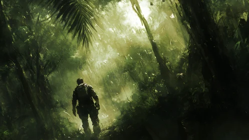 Lone explorer moves through sunlit deep jungle path.