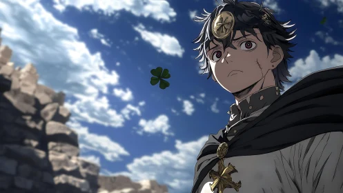 Anime hero in cloak under bright blue cloudy sky.