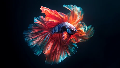 Spectral betta fish with volumetric fins in dark aquatic void.