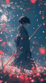 Samurai girl stands in falling petals holding a katana