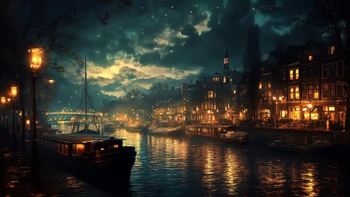 Nocturnal canal architecture under cinematic luminance mapping.