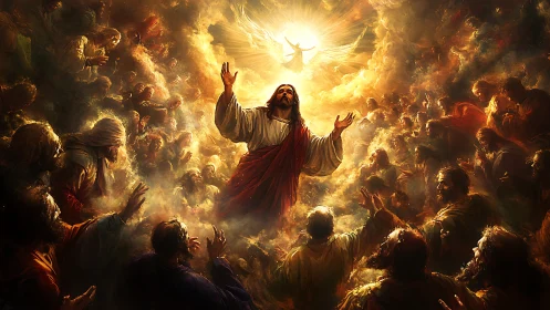 Heavenly light swells as a robed savior rises through clouds