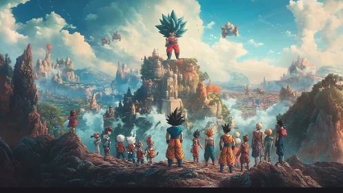 Sky-crowned warrior overlooks gathered heroes in soaring valley.