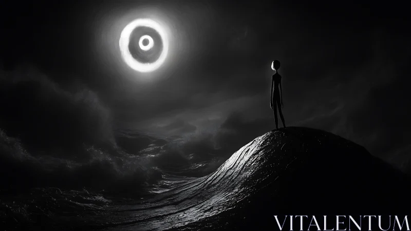 Solitary figure on dark ocean hill under glowing rings.