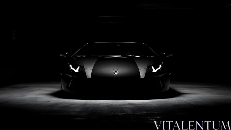 Stealth sports car emerges from darkness in dramatic light.
