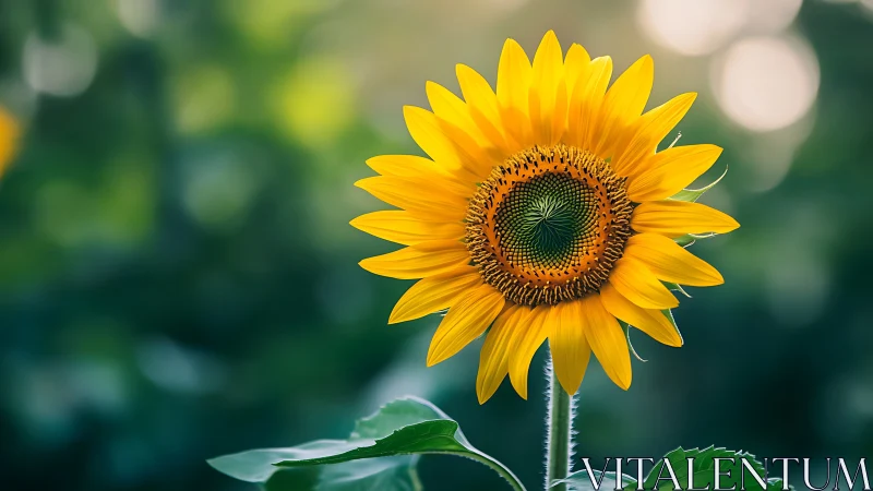 Sunlit sunflower stands radiant against dreamy green bokeh.