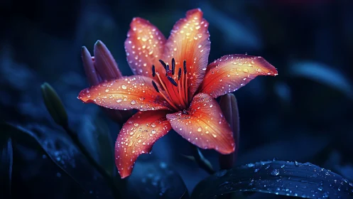 Crimson Lily with Dewdrops Against Nocturnal Backdrop.