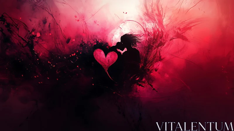 Silhouetted figures with pink heart form against gradient backdrop