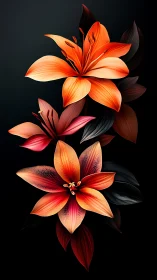 Three Tropical Lilies Arranged Vertically Against Dark Background