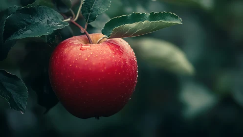 Photorealistic close-up of dew-kissed red orchard apple on branch.