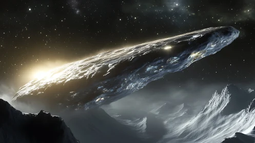 Cinematic digital painting of interstellar monolith in orbit.