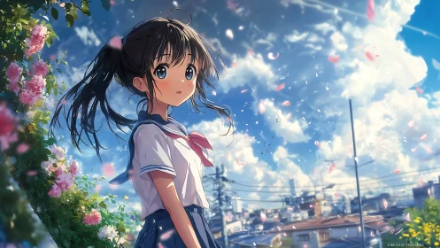 Schoolgirl under drifting petals in luminous city sky.