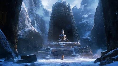 Solitary monk approaches colossal icy mountain shrine