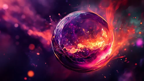 Cosmic ember sphere ignites in swirling violet nebula glow.