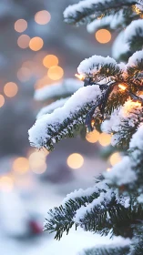 Snow-covered fir branches glow with soft golden lights.