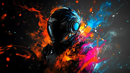 Electric warrior stands inside a storm of blazing neon color