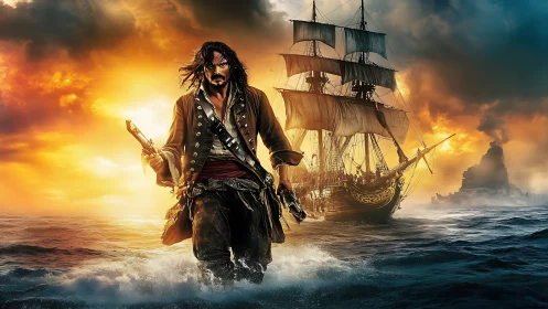 Stormlit pirate captain advancing from frigate at sunset