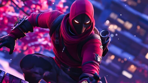 Dynamic red-hooded hero poised for action at twilight.