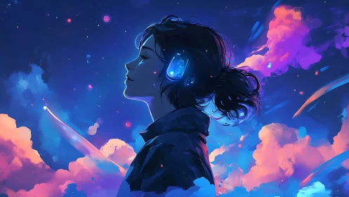 Profile of girl with headphones in stylized night sky scene.