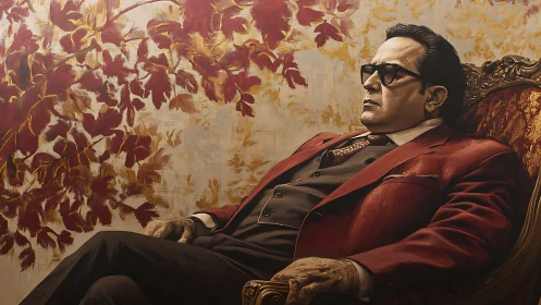 Mafioso kingpin reclines in crimson suit and gilded chair.