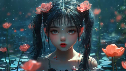 Moonlit water sprite among glowing coral-pink blossoms.