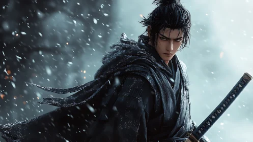 Stoic anime swordsman in snow with dark winter cloak.