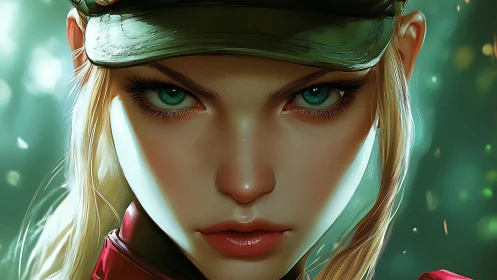 Intense teal-eyed soldier portrait in cinematic green light.