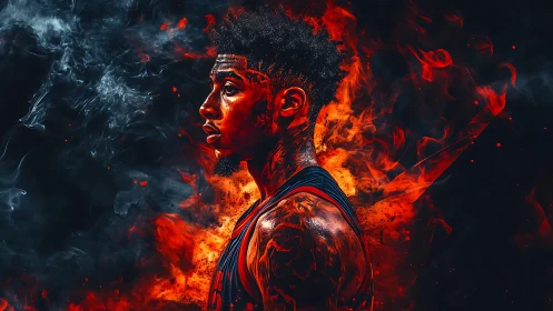 Basketball player portrait in blazing red orange flames.