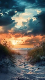 Sand trail to a stormlit sunset where sea and sky whisper.