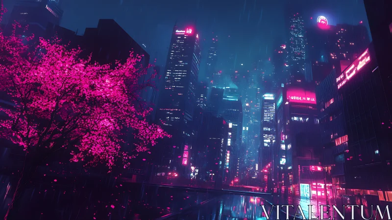 Neon sakura glow over rain-drenched cyberpunk skyline.