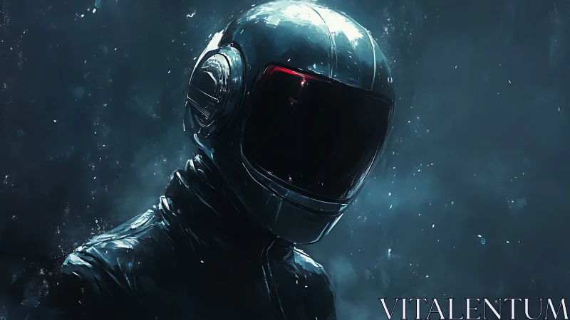 Lone futuristic astronaut helmet in dark cosmic mist.