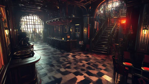 Digital baroque staircase lounge in dramatic chiaroscuro lighting.