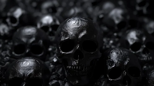 High-gloss black skull cluster with shallow depth-of-field focus