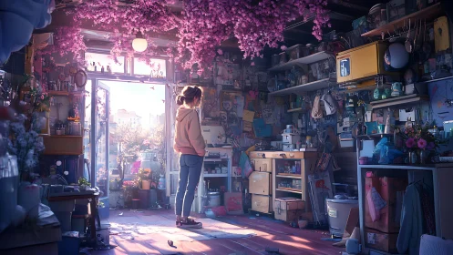 Girl beneath drifting blossoms in a cluttered dawn studio.