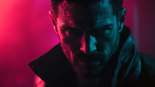 Male subject under split red and teal lighting stares ahead