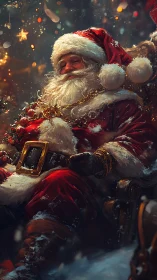 Santa figure seated in ornate chair amid winter lights.