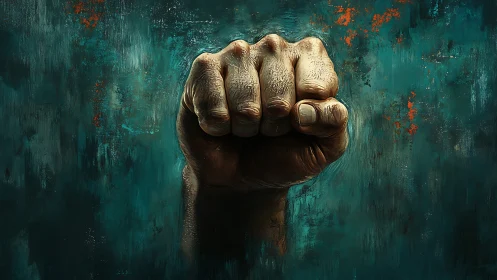 Clenched Fist Against Textured Teal Background.