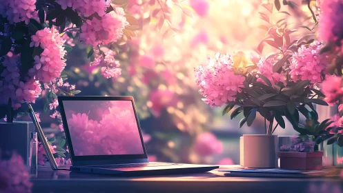 Gentle garden workspace glowing with soft pink blossoms.