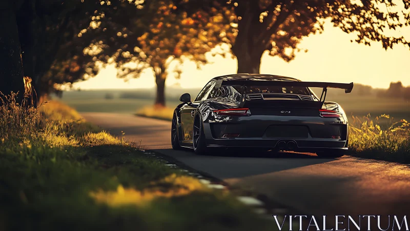 Rear aero GT sports car on rural lane in golden hour light.