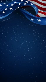 American flag ribbon curves over dark blue starry background