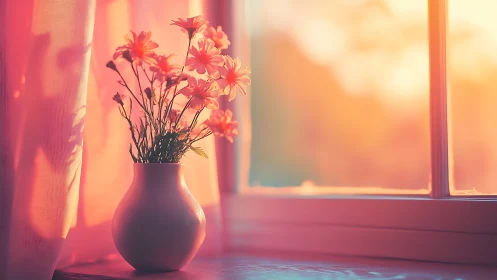 Warm Floral Arrangement Silhouetted Against Golden Window Light.